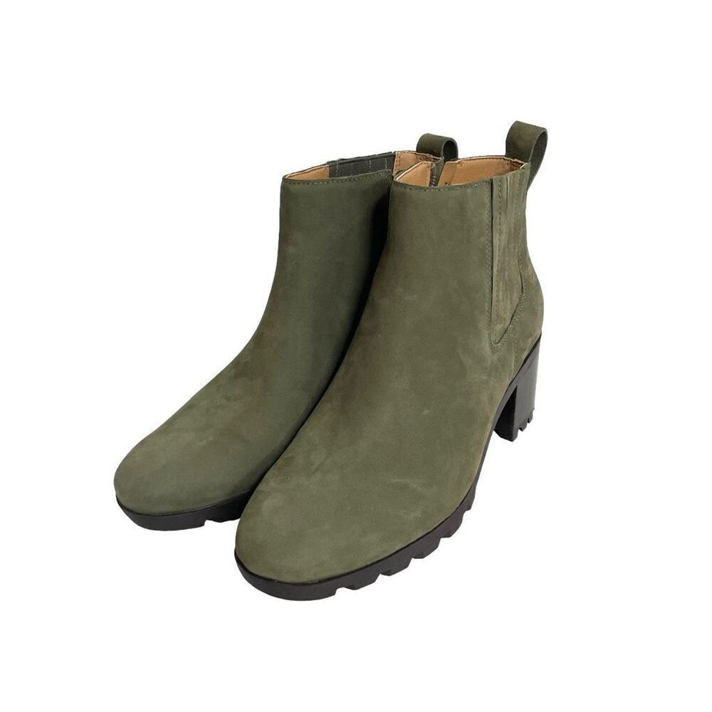 NEW Vionic Wilma leather Heeled Ankle Boots Size 9.5 olive‎ green nubuck